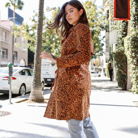 CLASSIC vegan suede Leopard Print Trench coat jack - Picture 5 of 7